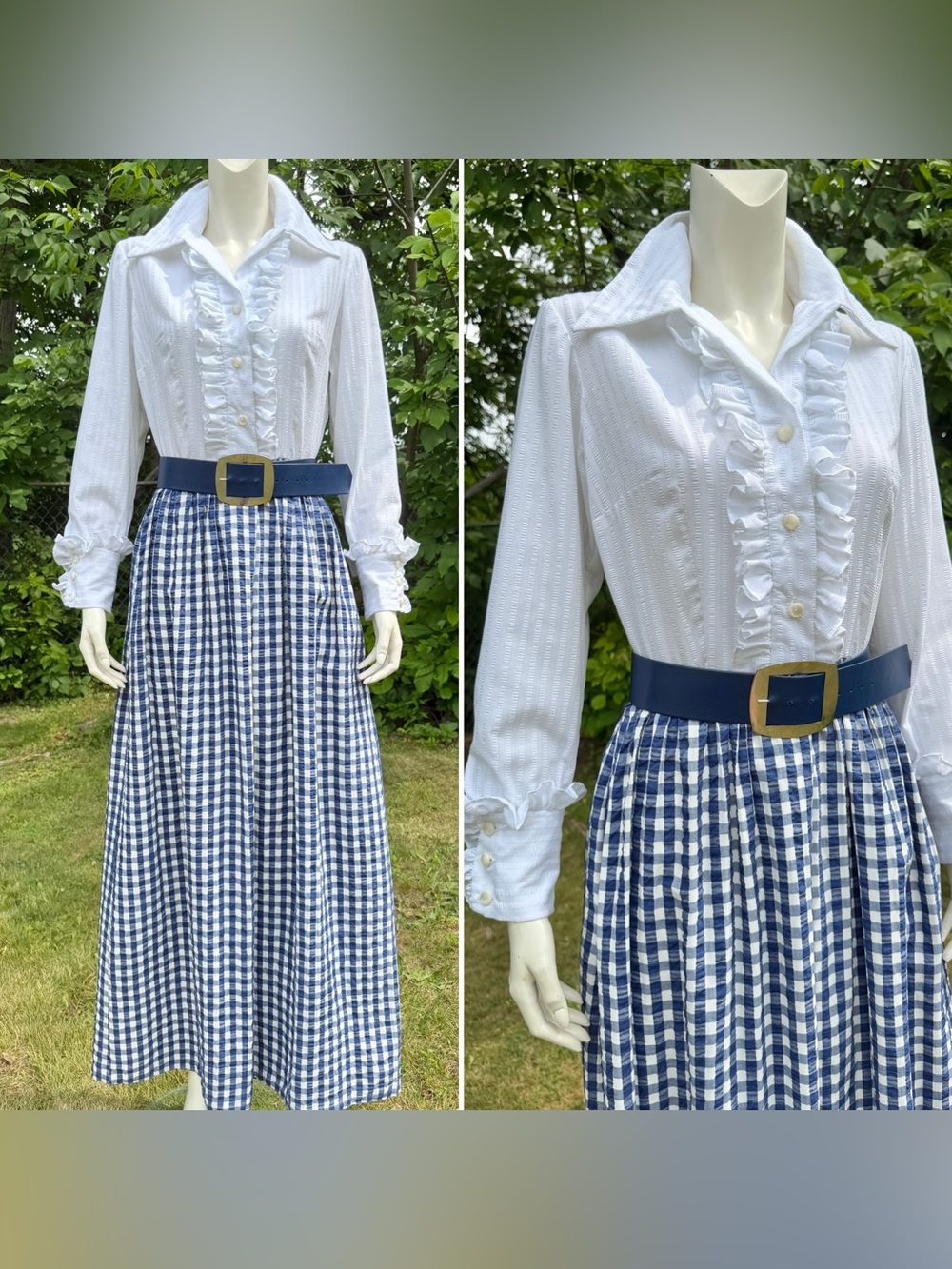 Vintage 1960s 70s GINGHAM HOSTESS DRESS Tuxedo Ruffles Serbin Florida Mod Check
